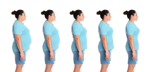 Collage with photos of overweight woman before and after weight loss on white background. Banner...