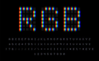 RGB pixel font set with numbers and glyphs, red-green-blue pixels, vector illustration