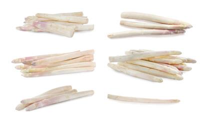 Set with fresh ripe asparagus on white background