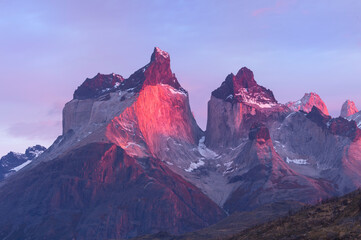Sunrise over Cuernos del Paine, Torres del Paine National Park, Chilean Patagonia, Chile