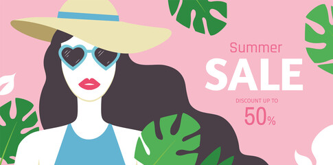 Summer Sale banner design template with beautiful young woman on pink background with tropical leaves. Discount up to 50%. - Vector