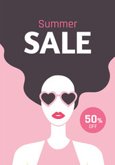 Summer Sale flyer design with beautiful long-haired girl with red lipstic and sunglasses. Stylish young woman. 50% off. - Vector illustration