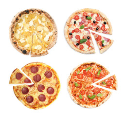 Set with different tasty pizzas on white background, top view