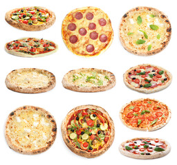 Set with different tasty pizzas on white background