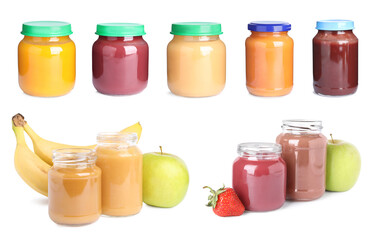 Set with different jars of baby food on white background, banner design
