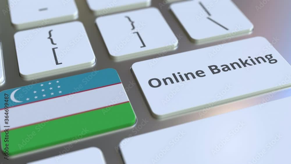 Poster online banking text and flag of uzbekistan on the keyboard. internet finance related conceptual 3d a