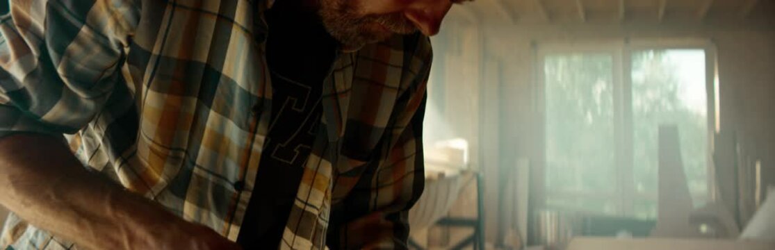 CU Caucasian male shaping canoe paddle with a chisel in his workshop. Boat making hobby, small business owner. Shot on RED Dragon