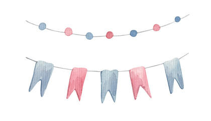 Birthday greeting elements, flags, garlands pastel colors, hand drawn watercolor style