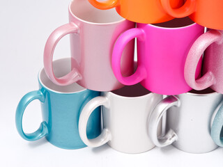 Souvenir products for thermal transfer of images. Cups mother of pearl. reflective