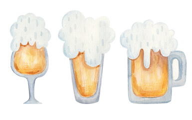 octoberfest watercolor beer collection. Classic beer mug, trendy beer glasses with cold draft beer