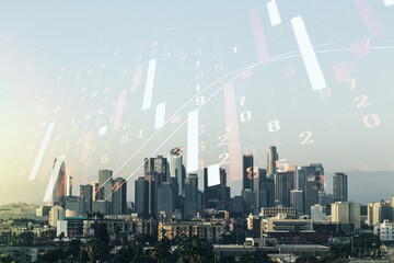 Fototapeta na wymiar Double exposure of virtual creative financial diagram on Los Angeles office buildings background, banking and accounting concept