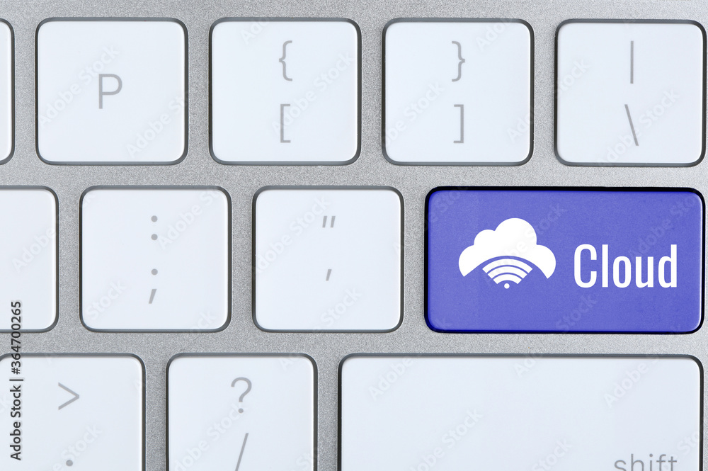 Poster cloud technology. modern computer keyboard, closeup view
