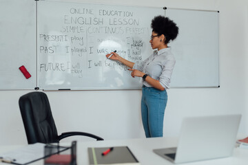 Web class. Young afro american female teacher in casual clothes standing near whiteboard and...