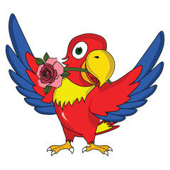  colorful parrot with a rose flower stick wings open