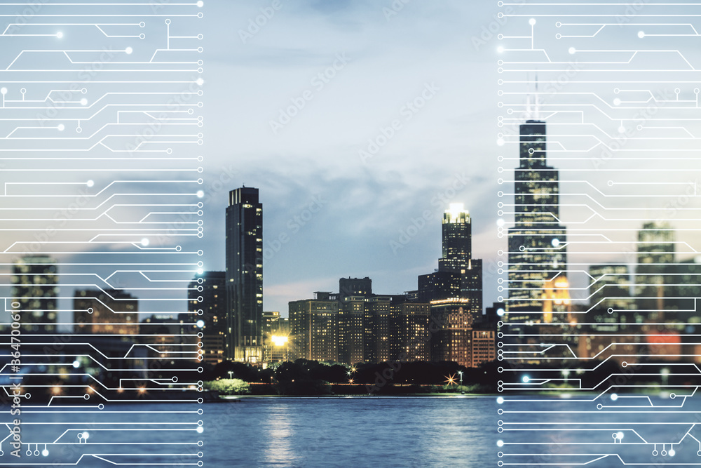 Poster abstract virtual microscheme illustration on chicago skyline background. big data and database conce