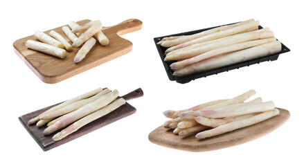 Set with fresh ripe asparagus on white background