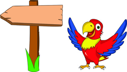 cute funny parrot presenting a banner sign arrow with open wings