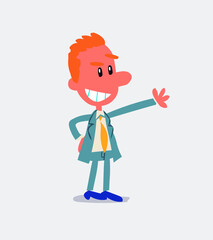 Pleased businessman points to something
