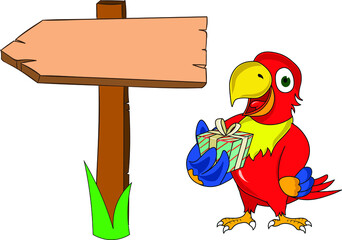 cute funny parrot presenting a banner sign arrow with a gift box in hand