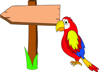 cute funny parrot presenting a banner sign arrow thinking