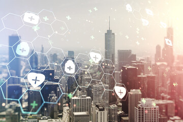 Abstract virtual medical sketch on Chicago office buildings background. Medicine and healthcare concept. Multiexposure