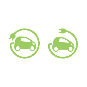 Electric car with plug cable circle. Vector electric car with power symbol icon.