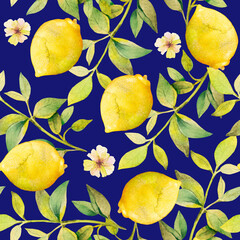Watercolor seamless pattern. Lemon with sprigs and flowers on a blue background