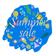 Text Summer  sale, discount banners.Juicy pineapple, citrus with grunge elements, ink drops, tropical plants, abstract background. Vector illustration