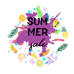 Text Summer  sale, discount banners.Juicy pineapple, citrus with grunge elements, ink drops, tropical plants, abstract background. Vector illustration