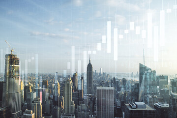 Double exposure of virtual creative financial diagram on New York office buildings background,...