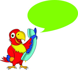 happy customer support colorful funny smart parrot with phone and speech bubble