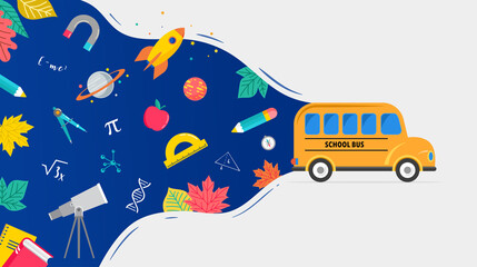 School bus, back to school concept illustration with icons of supplies and books. Vector background design