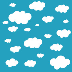 White cartoon clouds set isolated on blue background. Collection of different clouds for web site, background template, wallpaper and sky design. Creative modern concept. Clouds vector illustration