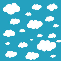 White cartoon clouds set isolated on blue background. Collection of different clouds for web site, background template, wallpaper and sky design. Creative modern concept. Clouds vector illustration