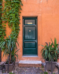 Fototapeta na wymiar vintage house green door on orange wall and foliage in Trastevere, Rome Italy