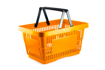 Empty orange basket for shop isolated on white.	