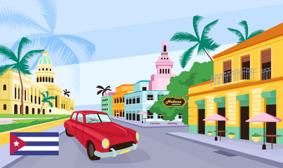 Cuban old street flat color vector illustration