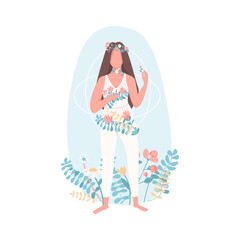 Woman with flowers flat color vector faceless character