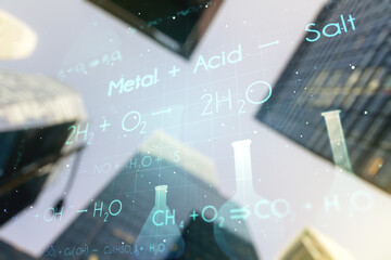 Creative chemistry hologram on blurry cityscape background, pharmaceutical research concept. Multiexposure