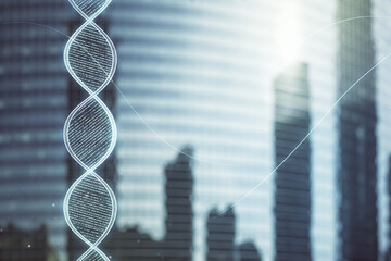 Double exposure of creative DNA hologram on modern skyscrapers background. Bio Engineering and DNA Research concept