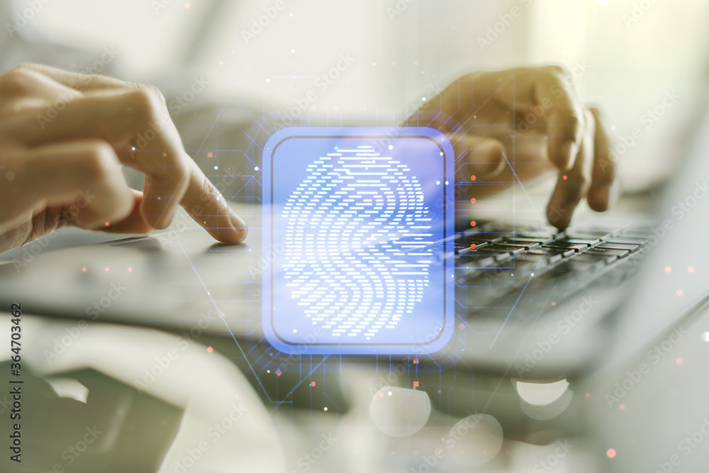 Poster multi exposure of abstract creative fingerprint illustration with hands typing on computer keyboard 
