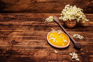 Honey and fresh elder flowers. Fragrant bouquet, alternative medicine