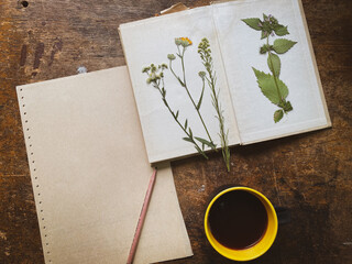 cup of coffee, dried flowers and a book