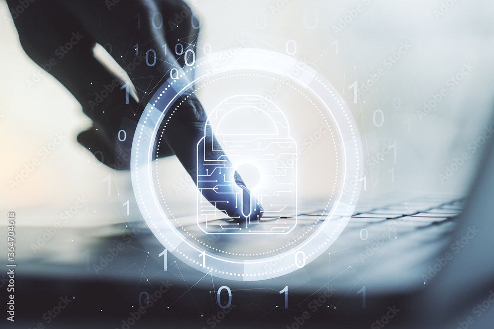 Poster creative lock sketch with chip hologram and hands typing on computer keyboard on background, protect