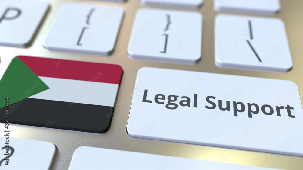 Poster legal support text and flag of sudan on the computer keyboard. online legal service related 3d anima