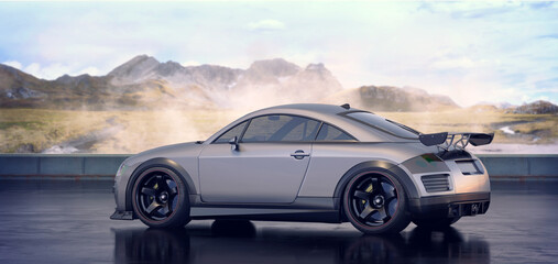 Fototapeta na wymiar 3D rendering of a brand-less generic concept racing car in studio environment 