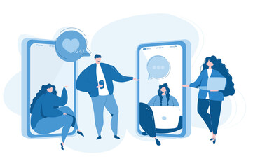 Communication phone, people and social networks. Vector illustration for web banner, infographics, mobile. 