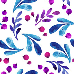 Seamless watercolor pattern. Abstract botanical elements on white background