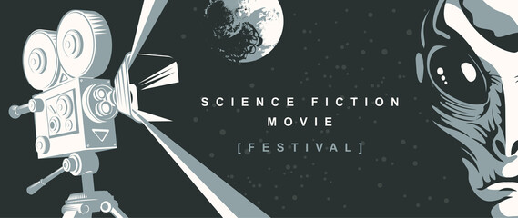 Cinema poster for science fiction movie festival with old-fashioned movie projector, alien face and moon on the starry sky. Suitable for banner, flyer, billboard, web page, ticket