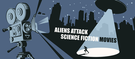 Cinema poster for science fiction movies with an old movie projector and a UFO with a bright beam aimed at a fleeing person in a big city at night. Aliens attack. Suitable for banner, flyer, ticket © paseven